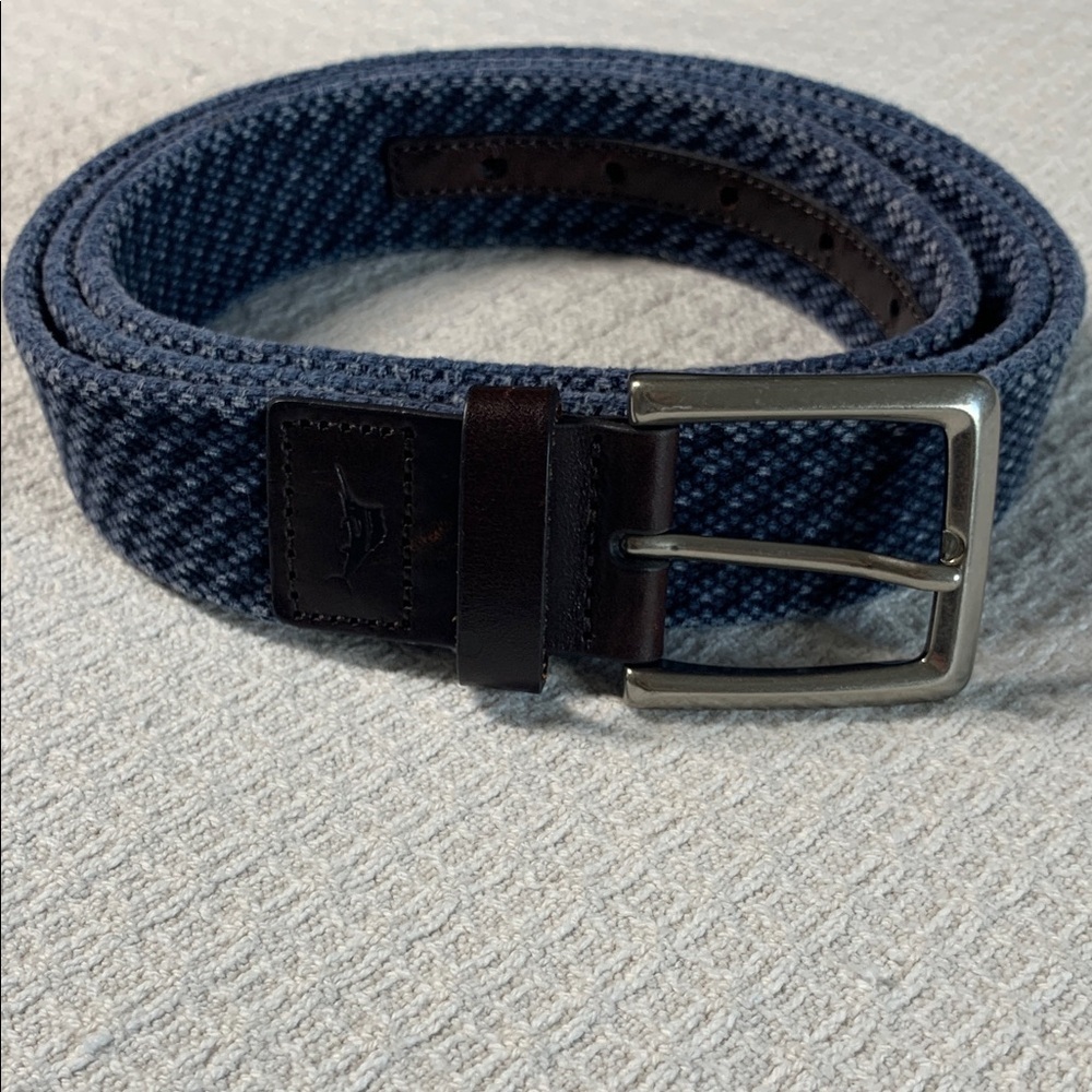Tommy Bahama woven blue belt with brown leather trim size 44